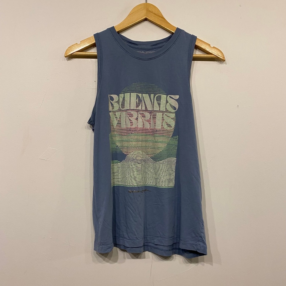 Spiritual Gangster Buenas Vibras Graphic Muscle Tank Top Blue Small